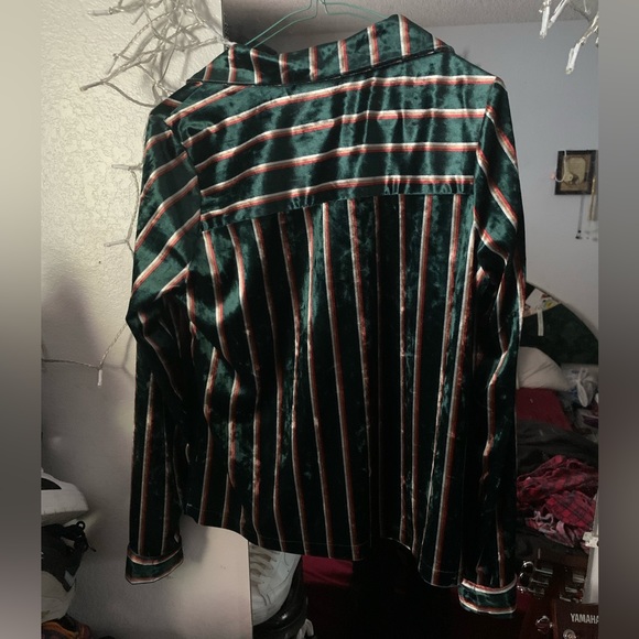 Green w/Stripes Velvet Button Up - Picture 2 of 4